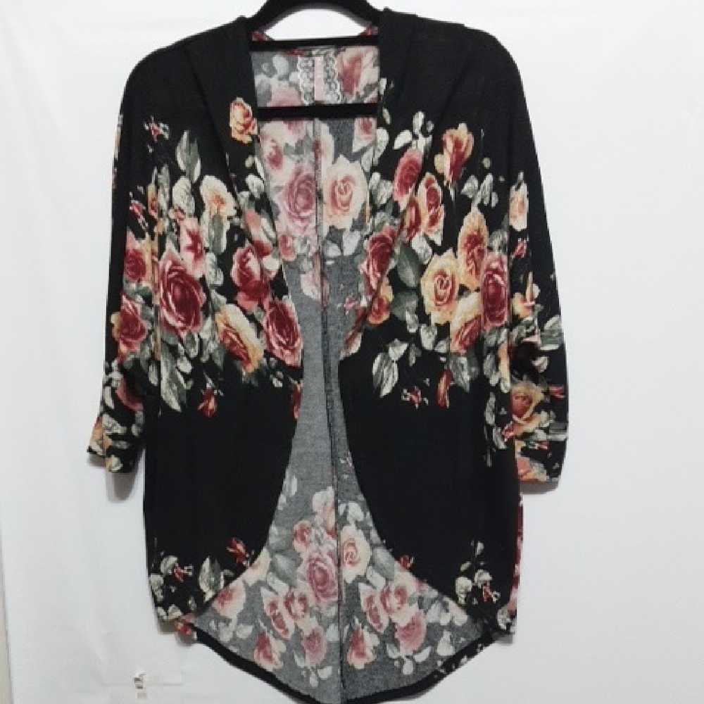 Mauve Black‎ Floral Women's S Open Front Cardigan